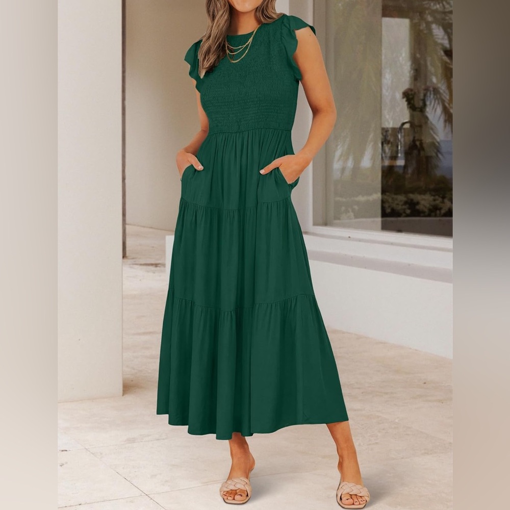 Women’s Dark Green Smocked Maxi Dress with Pockets